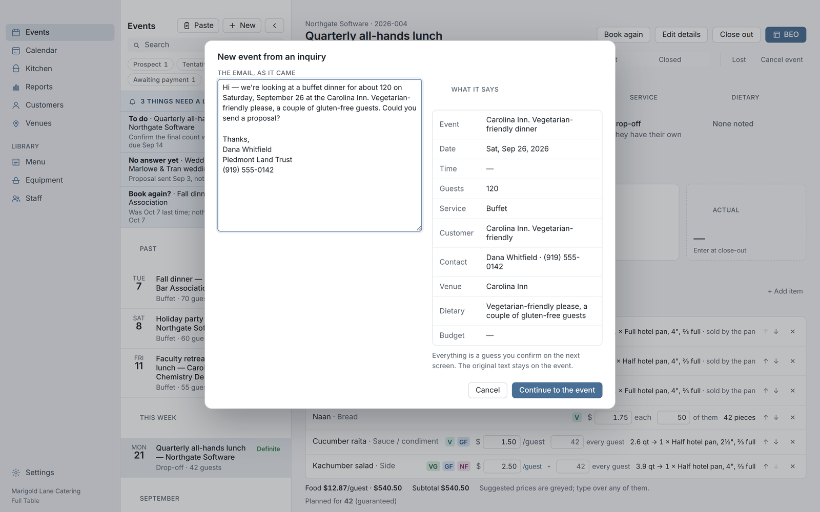 Full Table turning a pasted inquiry email into a new event: date, count, venue, contact filled in