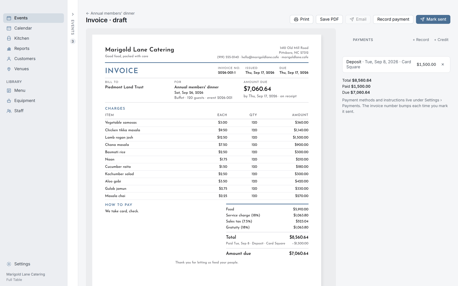 A Full Table invoice with the deposit applied and the balance due