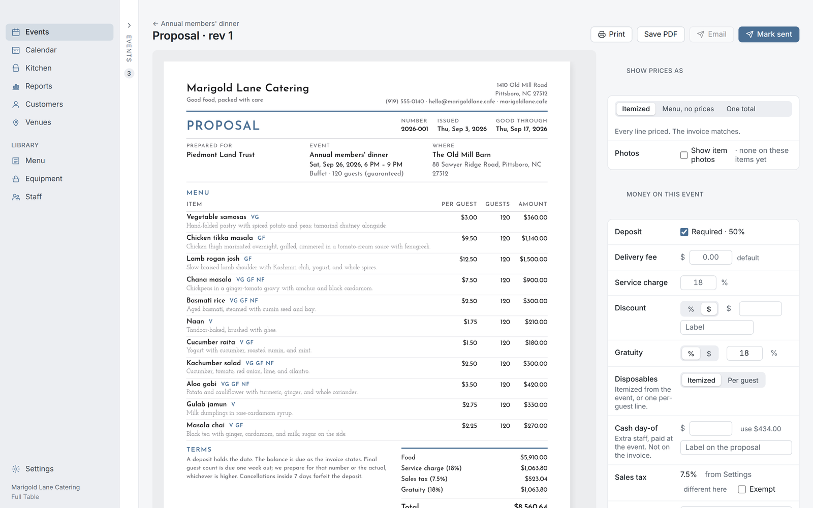 A Full Table proposal, itemized, with dietary tags and the deposit line