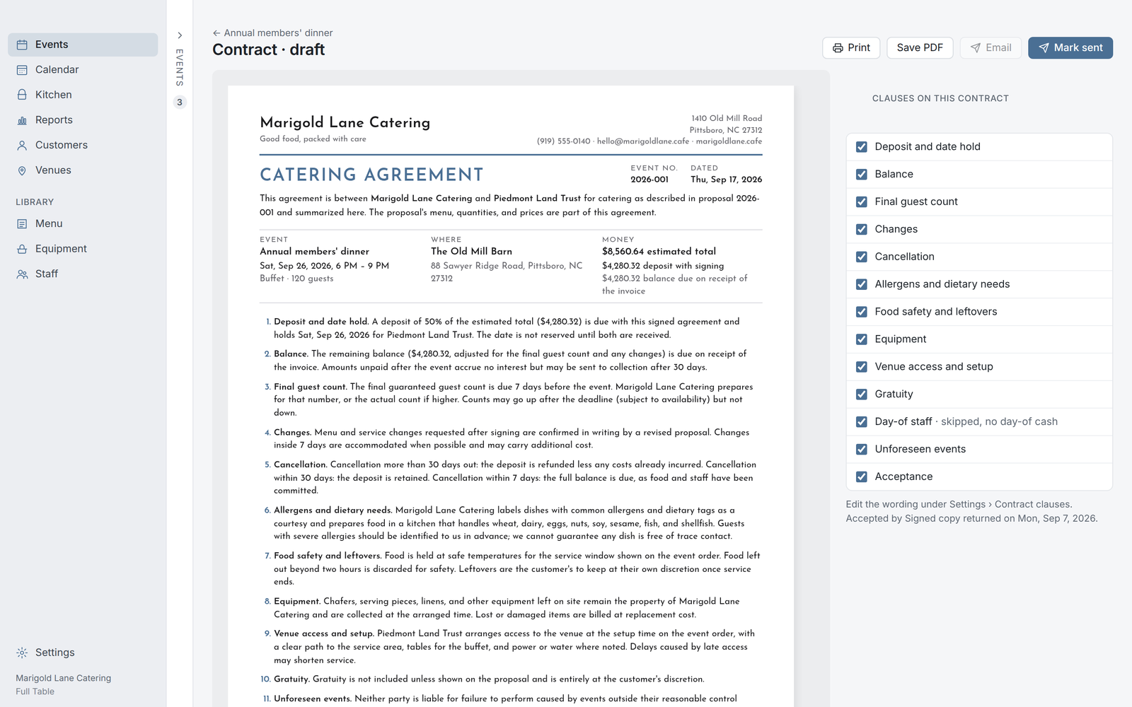Full Table contract with the clauses that apply to this event ticked on the right