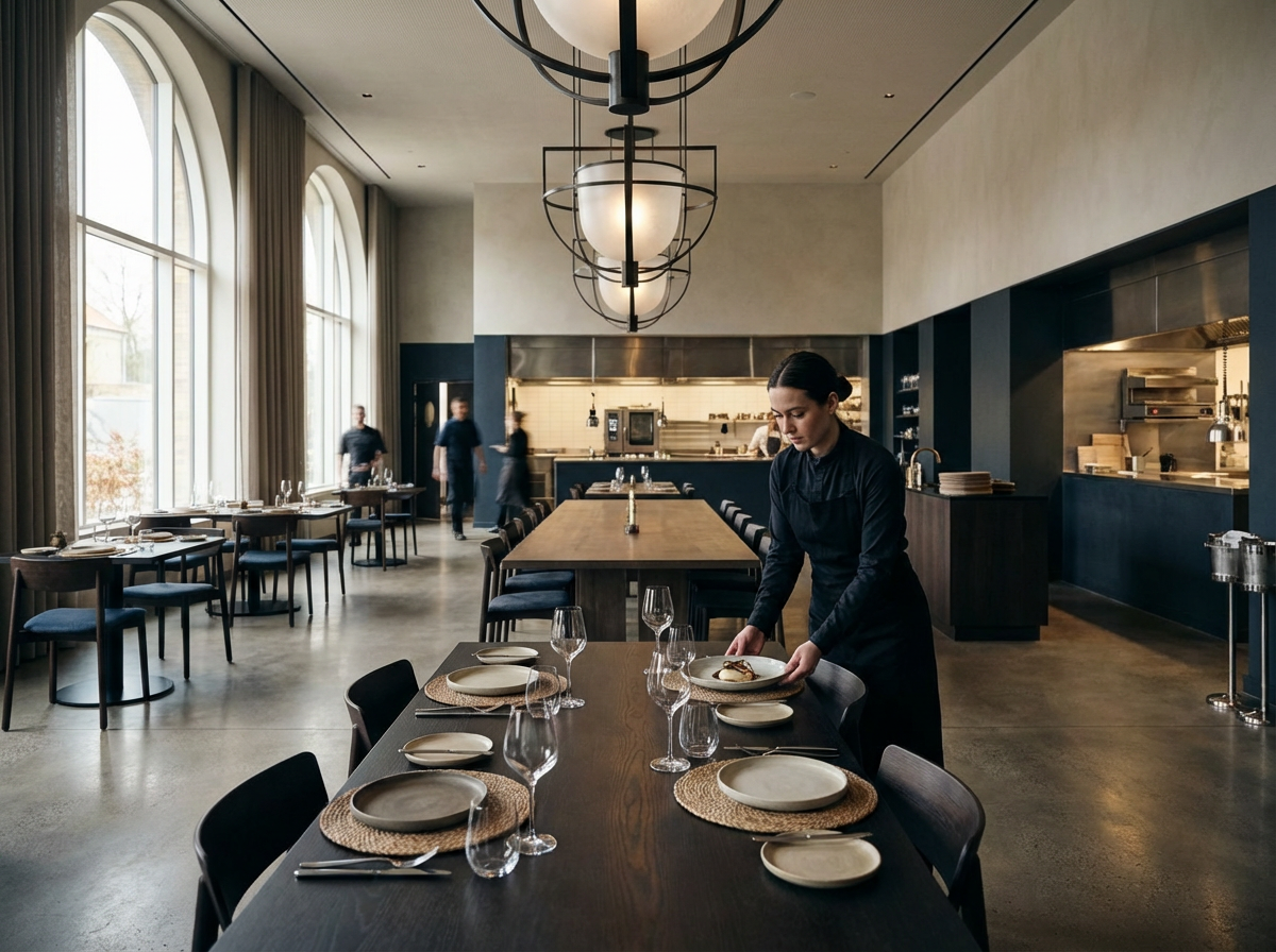 A restaurant interior with a woman setting a table, large windows, and a modern kitchen area in the background.