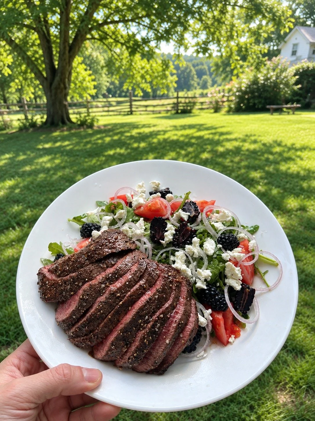 A white plate of sliced grilled steak and a fresh salad with tomatoes, blackberries, onions, and feta cheese outdoors on green grass with trees and a house in the background.