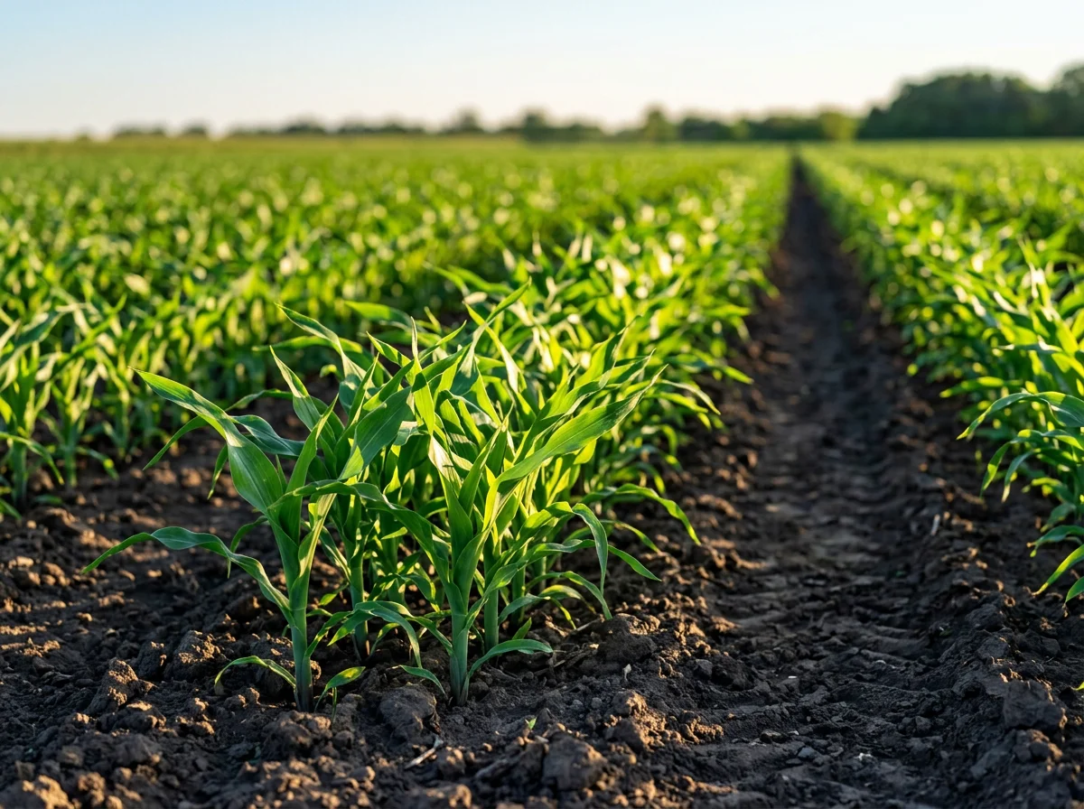 A field of young green corn plants growing in neat rows on dark soil during daylight.
