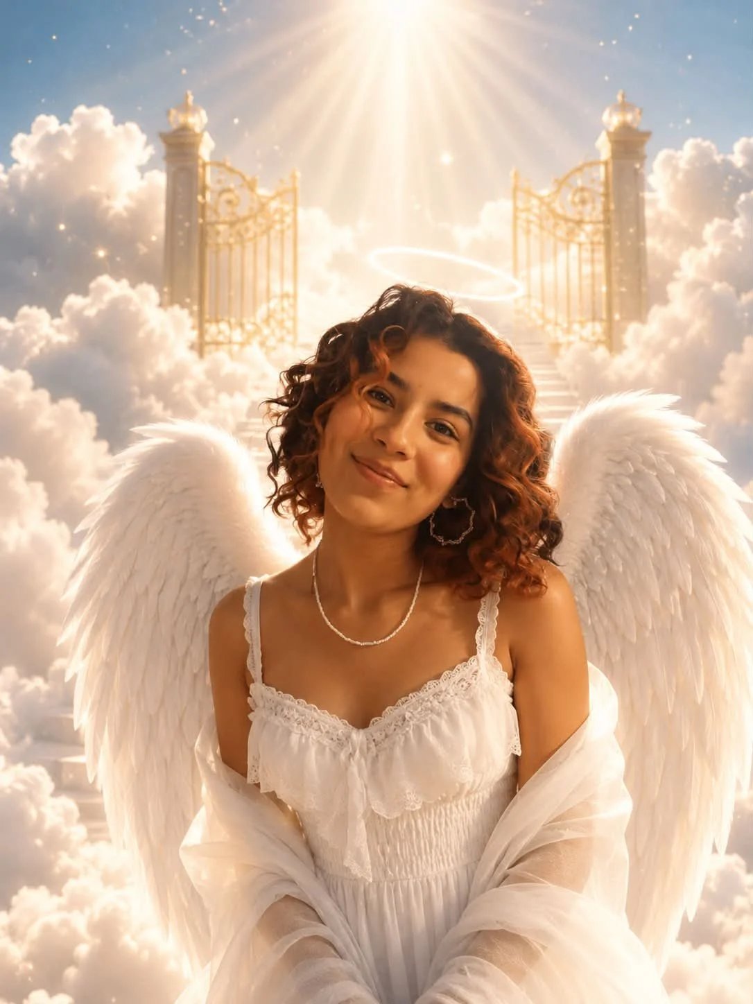 Young woman with curly hair and angel wings smiling, wearing a white dress and jewelry, surrounded by clouds and golden gates in a heavenly setting.