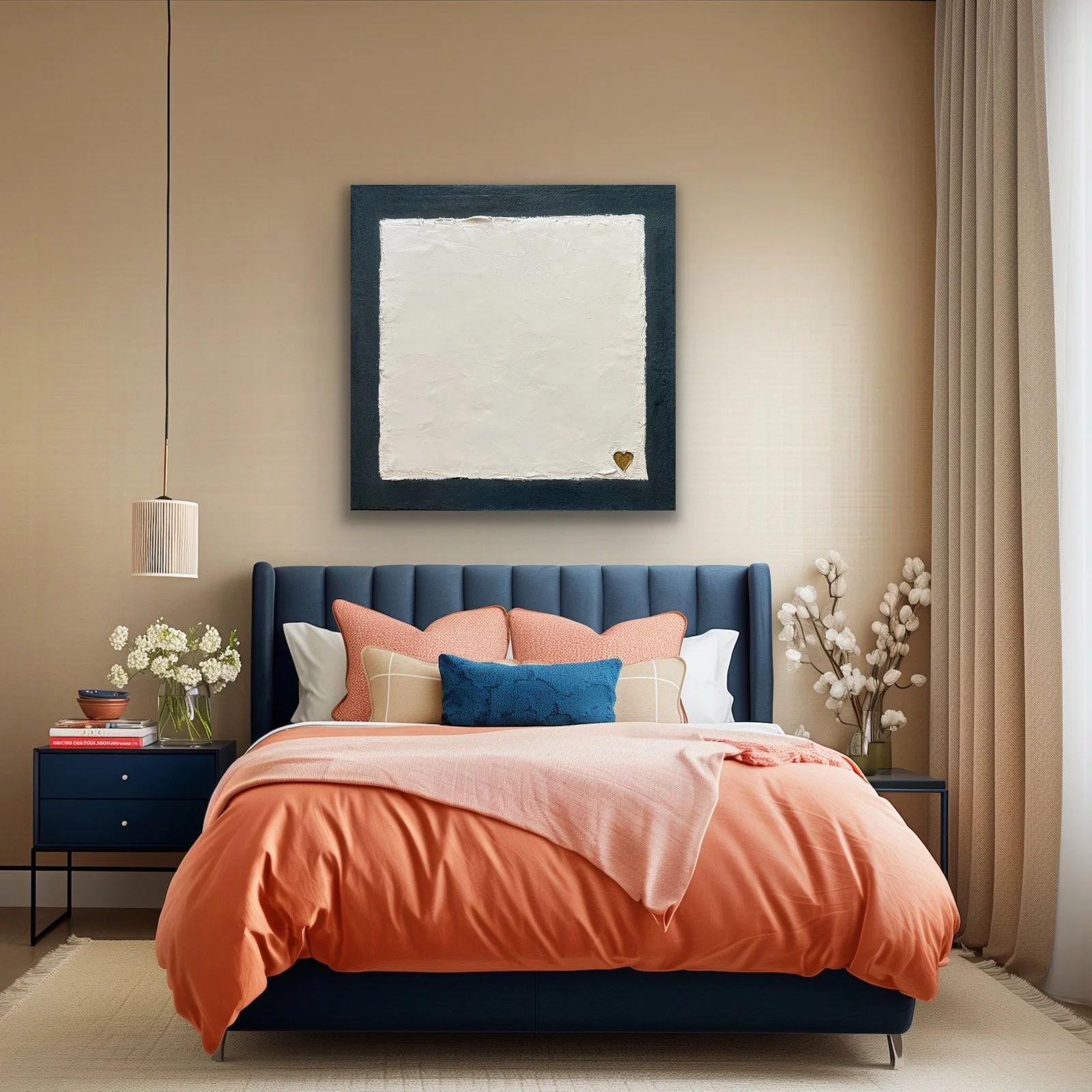 A bedroom with a bed that has an orange duvet and a blue headboard. The bed is decorated with multiple pillows, including a blue one and a beige one. There are nightstands on each side of the bed with flowers and books. A large, square, textured white and black framed artwork is hanging above the bed. The room has beige walls, beige curtains on the right, and a drawer with a hanging lamp on the left.