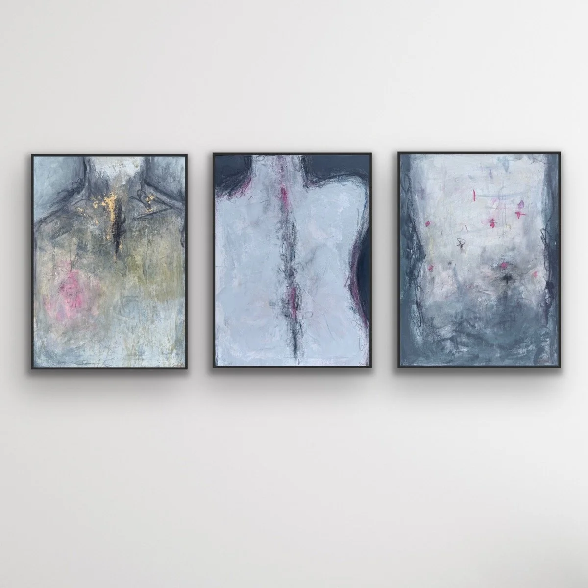 Triptych 

Title: Containment 
18 by 24 inches
Mixed Media on Canvas 
1 of 3 in Triptych 
Prints available upon request 

     Containment represents the space where truth becomes trapped inside the body. The composition suggests a throat, chest, and