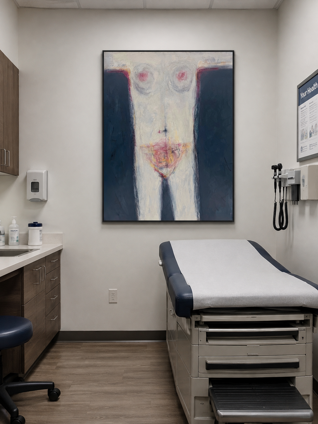 She
36 by 48 inches
Mixed Media on Canvas
Prints Available 

She examines what it means to exist within the medical system as a woman. The deep blue fields are not simply a background, they represent the medical system itself. They press inward on th