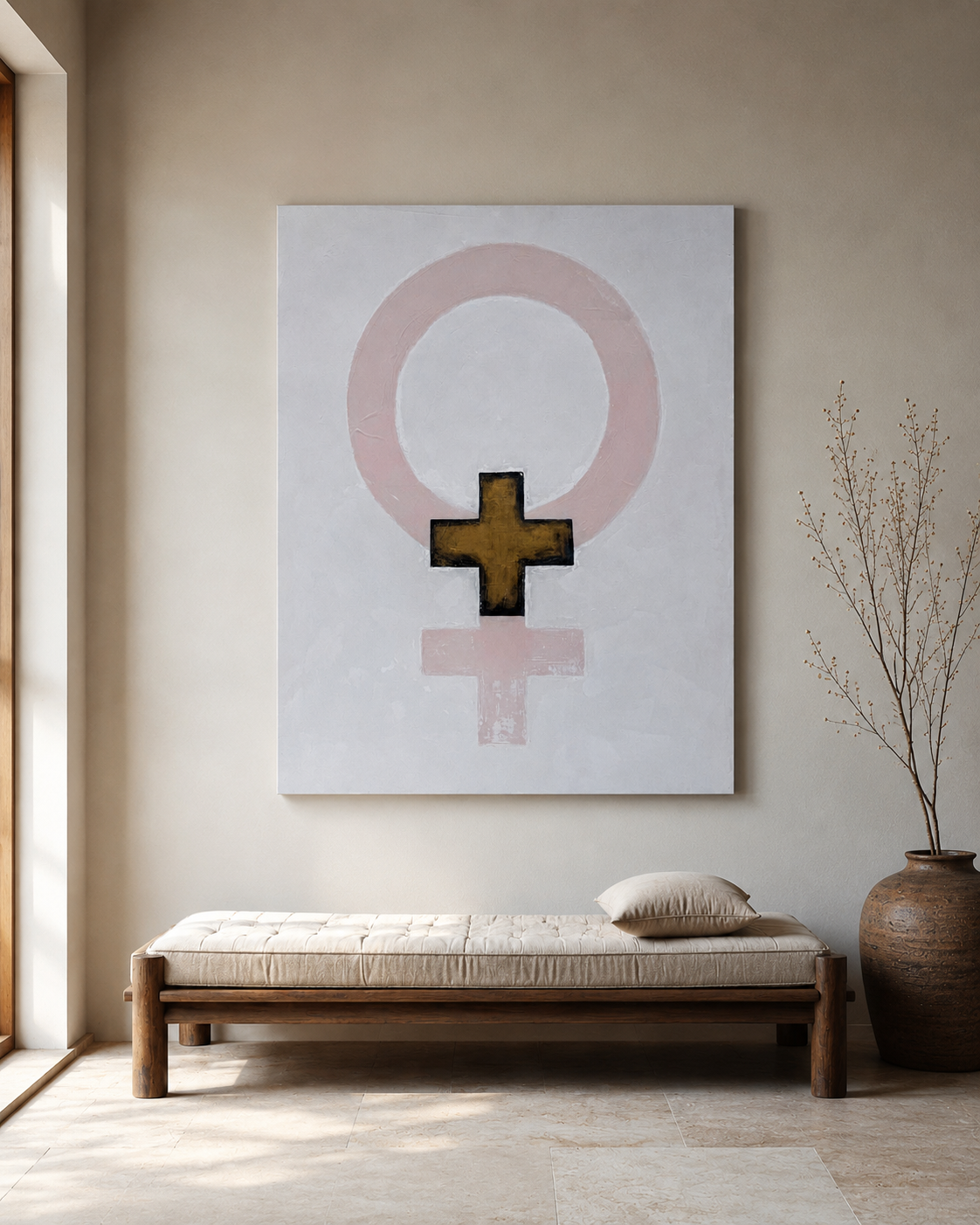 Title: Origin Story
48 by 60 inches 
Mixed Media on Canvas 
Prints available upon request 

This painting is where The Pink Gene Project began.

At first glance, it is a simple female symbol interrupted by a navy medical cross. But that interruption 