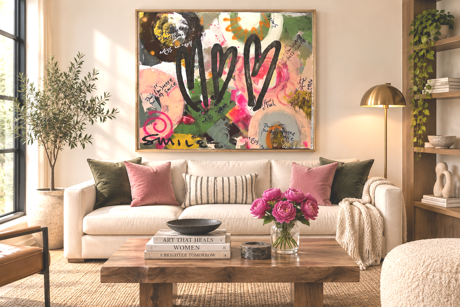 Living room with a white sofa, pink and green pillows, a wooden coffee table with books, a black bowl, a vase of pink flowers, and a large colorful abstract painting on the wall.