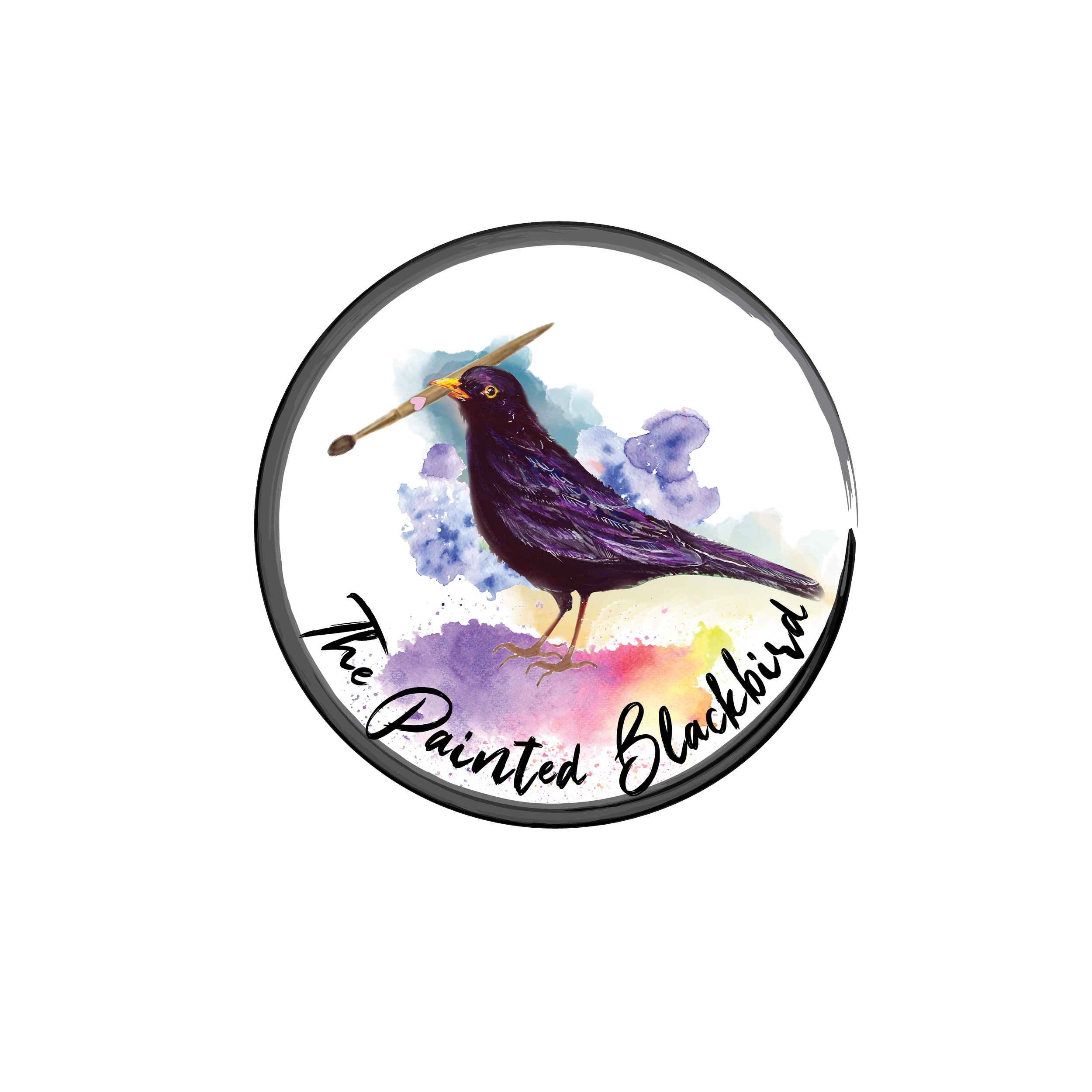 Watercolor illustration of a blackbird holding a paintbrush in its beak, surrounded by colorful splashes of paint, with the text 'Painting Blackbird' at the bottom.