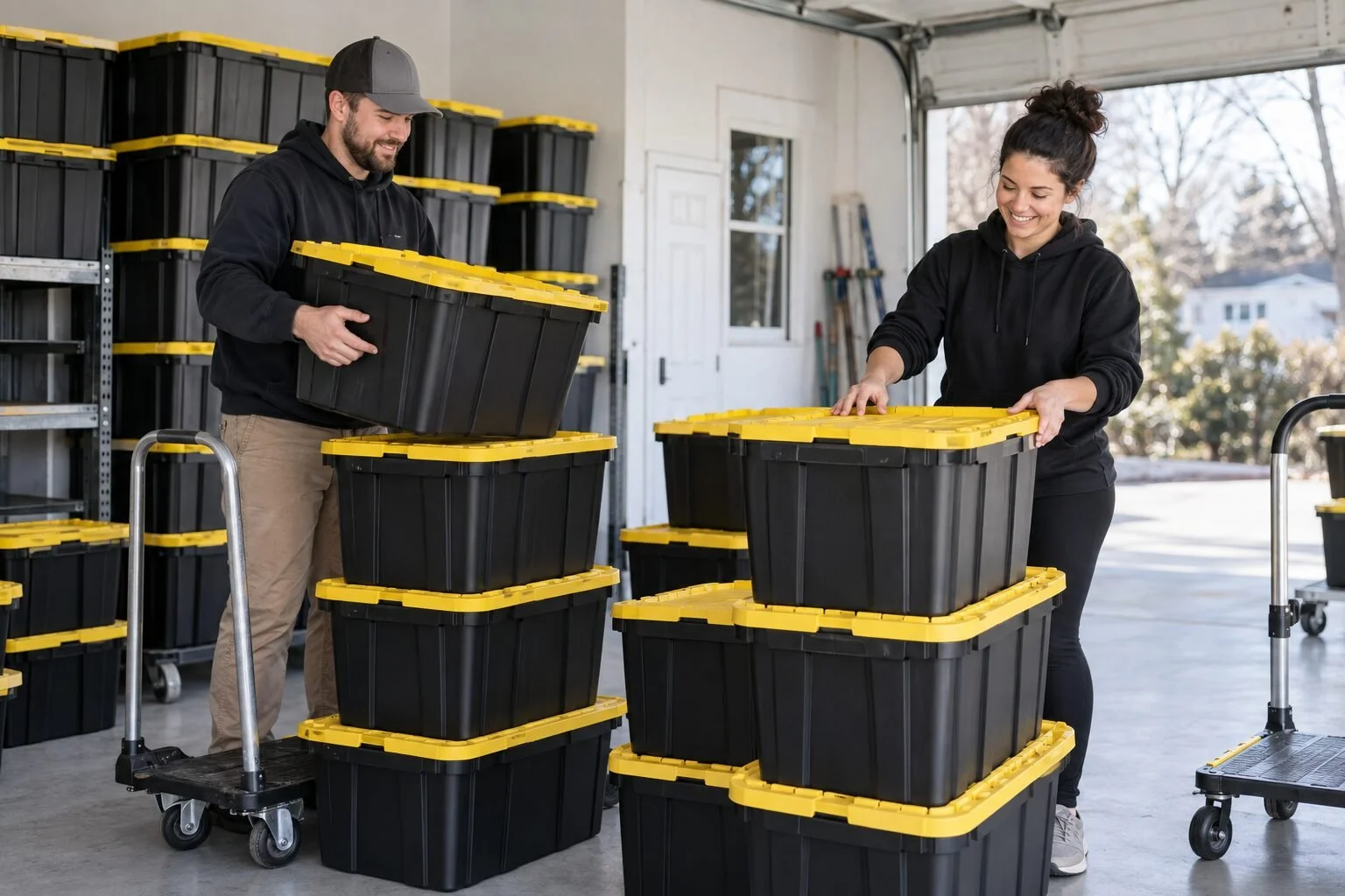 South Shore Moving Bins team preparing clean reusable black moving bins with yellow lids for delivery.