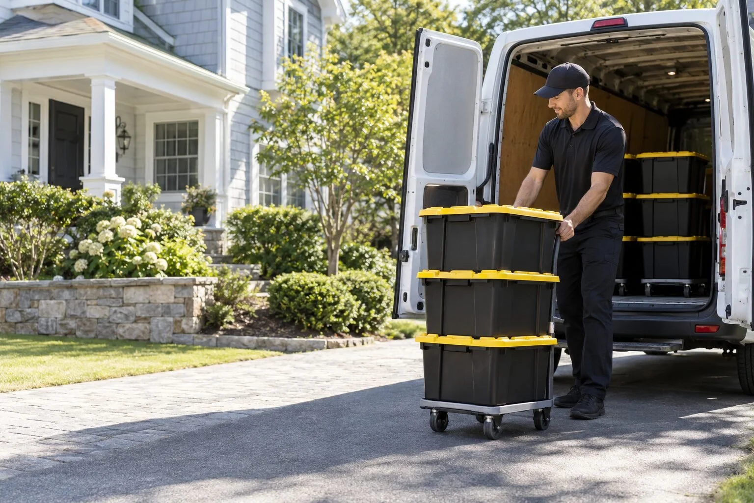 Delivery worker unloading reusable black moving bins with yellow lids from a van at a South Shore home.