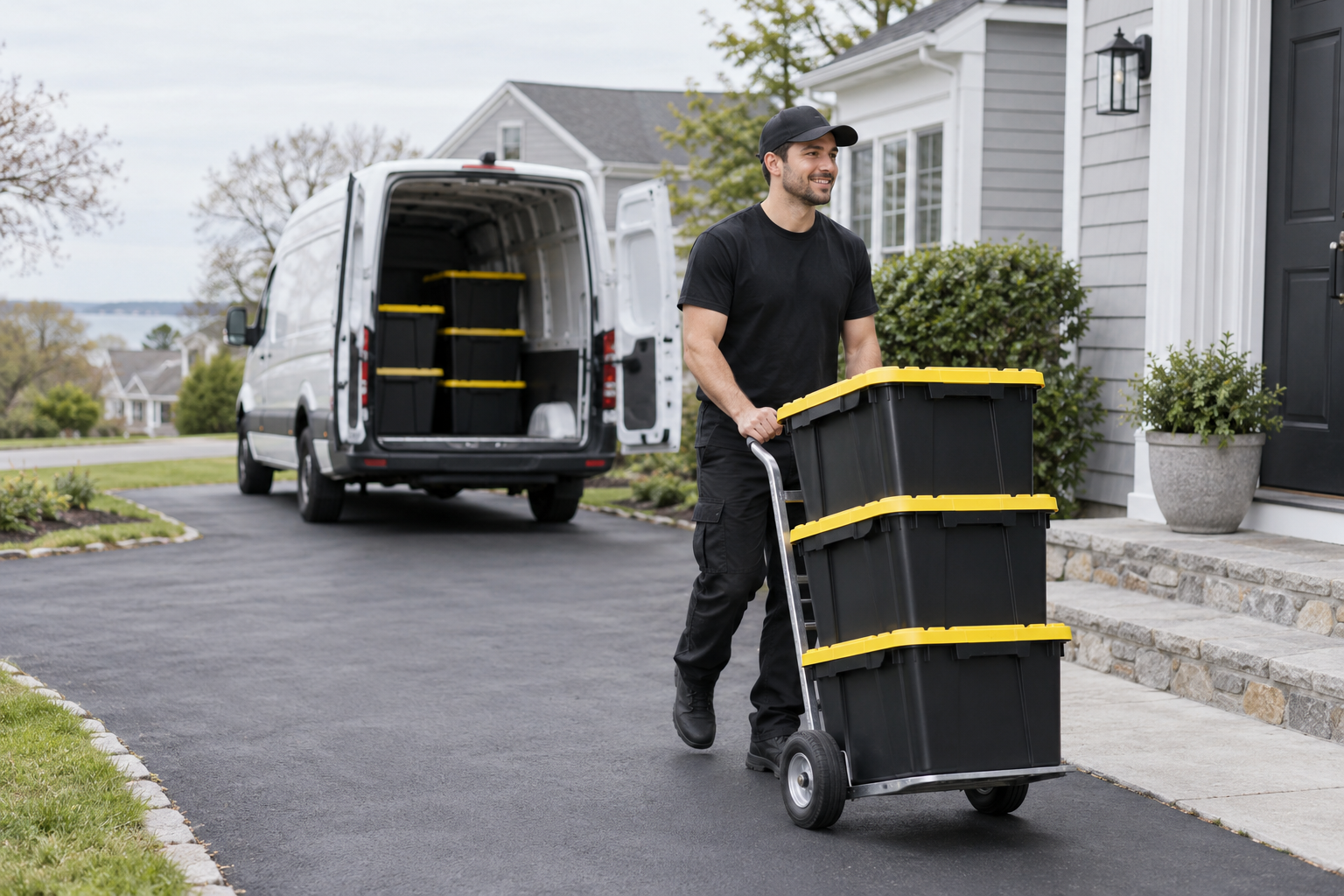 Illustration of a delivery worker rolling black reusable moving bins with yellow lids from a van to a South Shore home