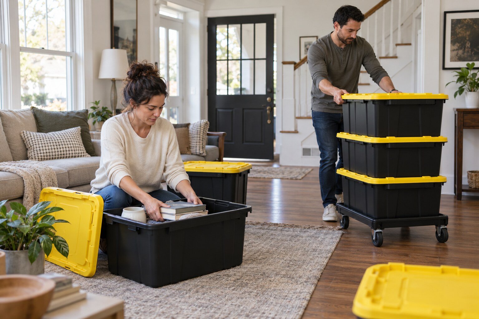 Couple packing black reusable moving bins with yellow lids and rolling stacked bins on a dolly