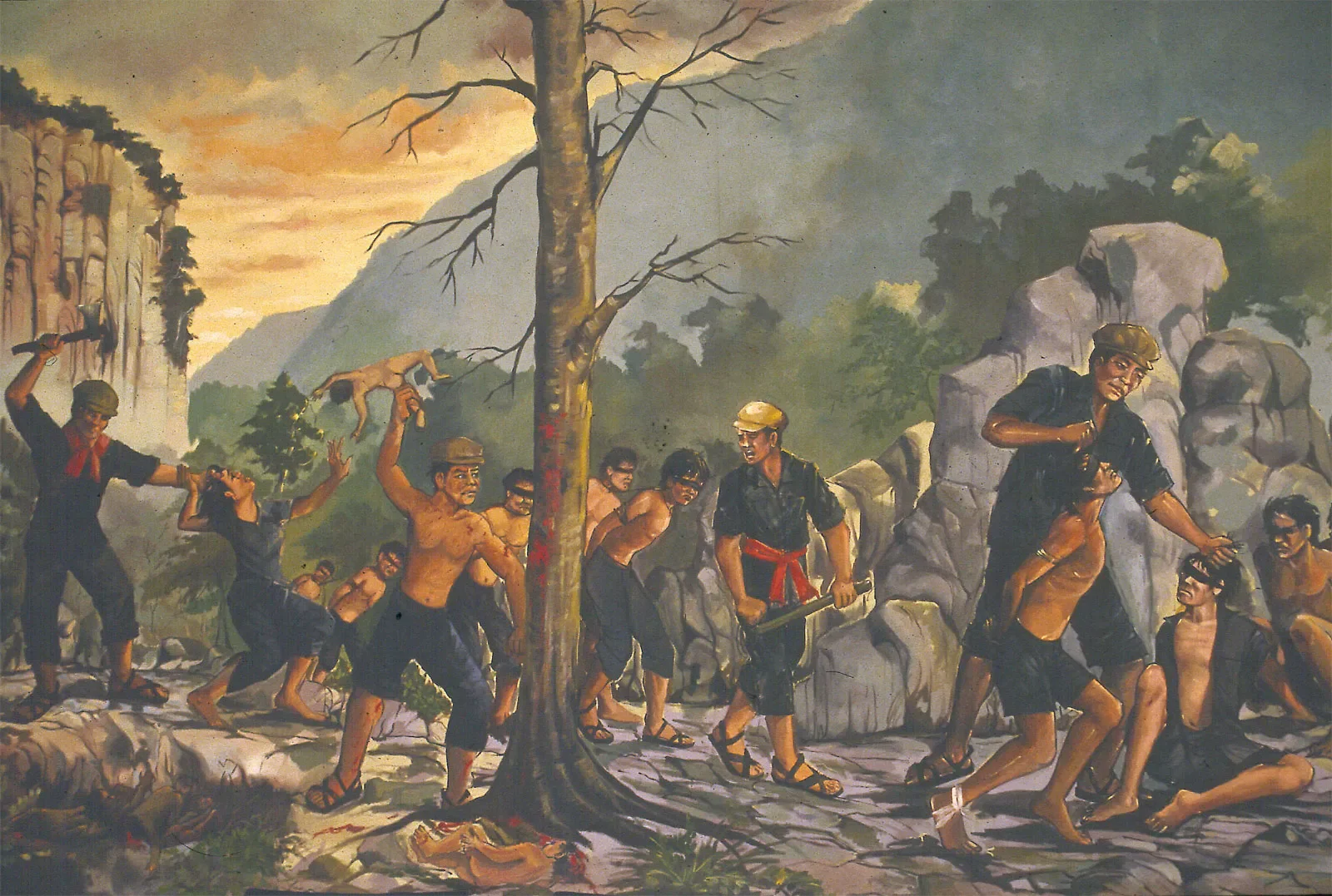 A painting depicting a historical conflict with soldiers in combat, wielding weapons and engaging in a struggle amidst rocky terrain and a scenic background with cliffs and trees.