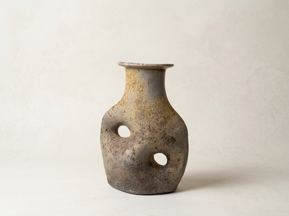 Ancient ceramic vase with holes and weathered surface, placed against a plain background.