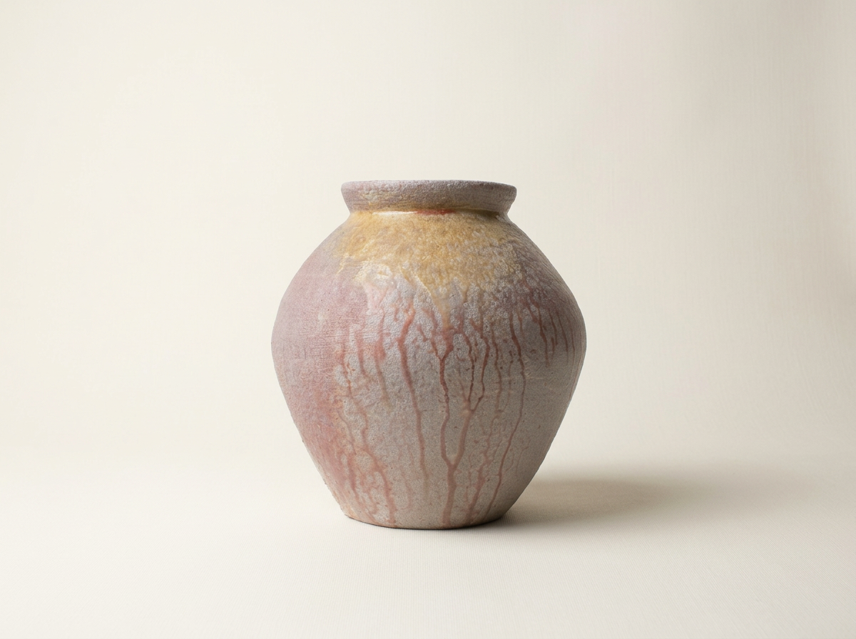 A ceramic vase with a rounded body and narrow opening, featuring a textured surface with pink, beige, and yellow colors and dripped glaze patterns.
