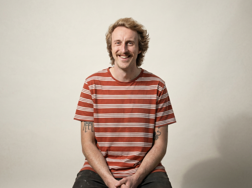 A young man with blonde hair and a mustache smiling, sitting against a plain light-colored background, wearing a red and white striped t-shirt.