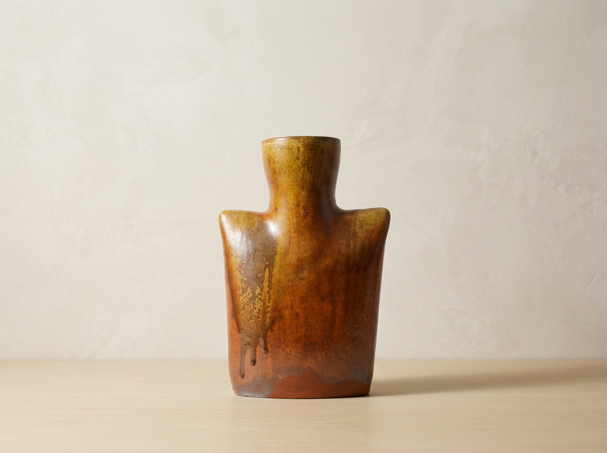 A ceramic vase with an abstract humanoid shape and a textured, earthy glaze, placed on a light-colored surface against a neutral wall.