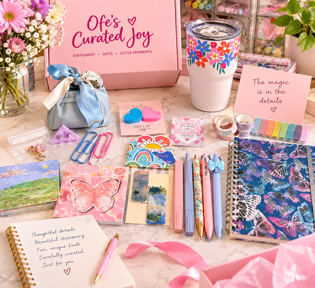 A collection of colorful stationary and gifts arranged on a marble table, including notebooks with butterfly and rainbow designs, pens, washi tape, paper clips, stickers, a tumbler with a floral design, a pink gift box labeled "Ofe's Curated Joy," a small blue handbag with a scarf tied on it, and various decorative items like flowers and motivational notes.