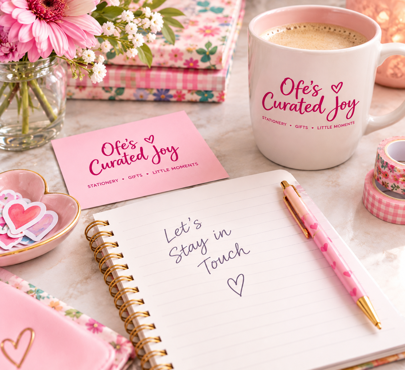 A desk setup featuring a pink floral bouquet in a glass vase, a pink note card with 'Ofe's Curated Joy' written on it, a white mug with similar text and a hot beverage, a pink and gold spiral notebook with 'Let's Stay in Touch' written inside, a pink pen with heart designs, and decorative pink and floral washi tapes.
