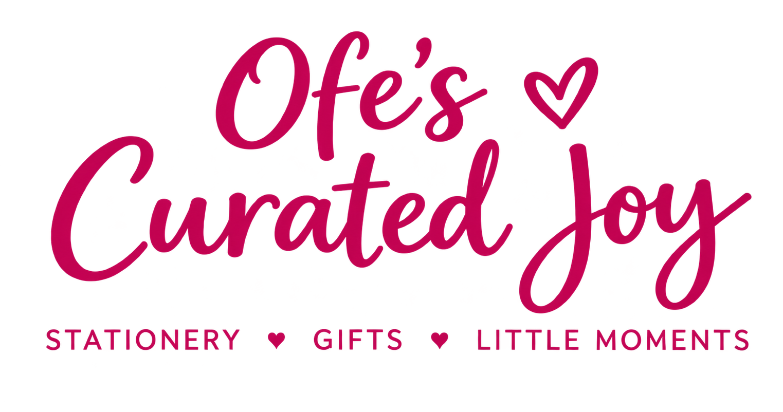 A decorative logo for 'Ofe's Curated Joy' in pink and purple text, featuring a heart, with the tagline 'Stationery, gifts, little moments' below.