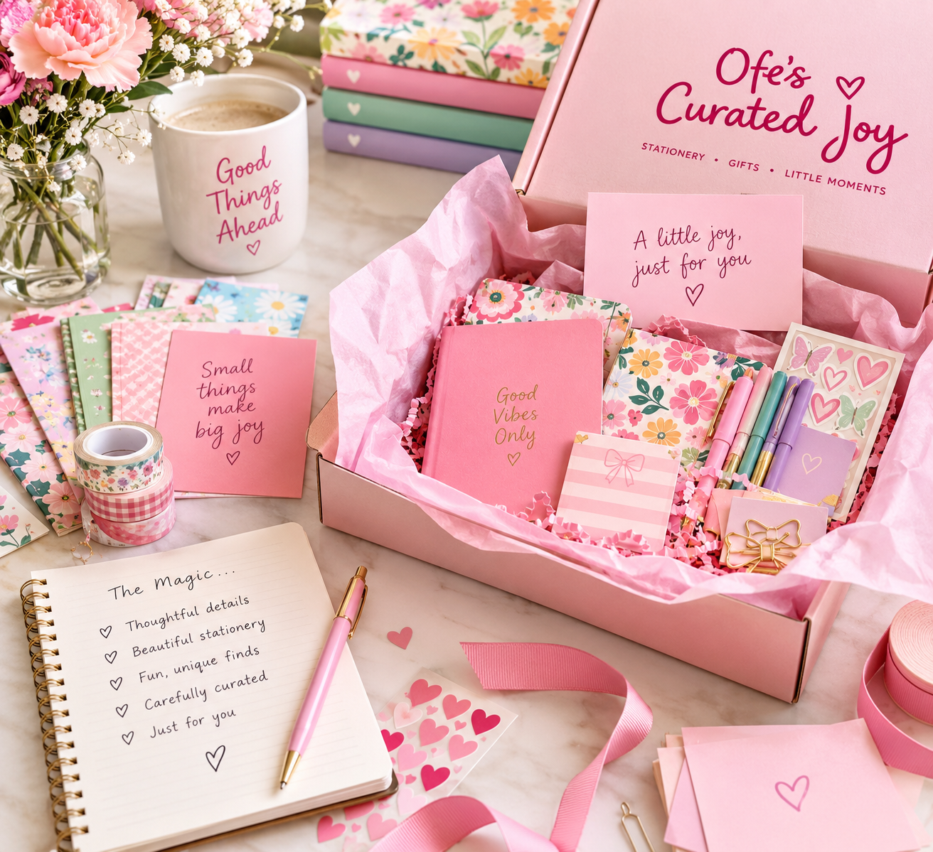 A gift box with stationery and gifts in pink, floral, and pastel colors. Surrounding it are notebooks with motivational quotes, sticky notes, pens, washi tape, and decorative hearts. A mug with "Good Things Ahead" written on it is also visible, along with a bouquet of flowers.