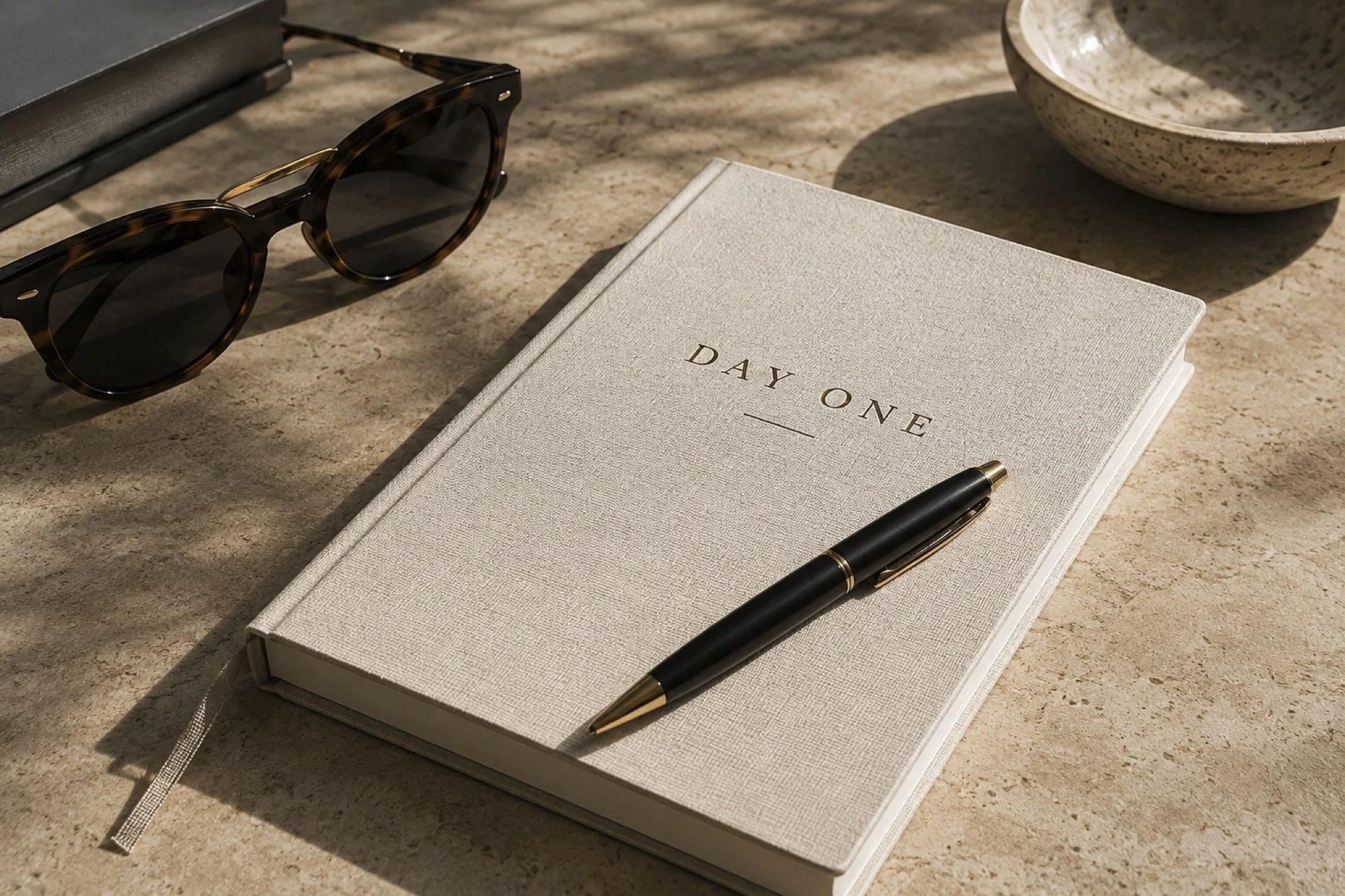 A pair of tortoiseshell sunglasses, a beige notebook titled "Day One," a black and gold pen, a gray ceramic bowl, and a closed gray book on a beige textured surface.