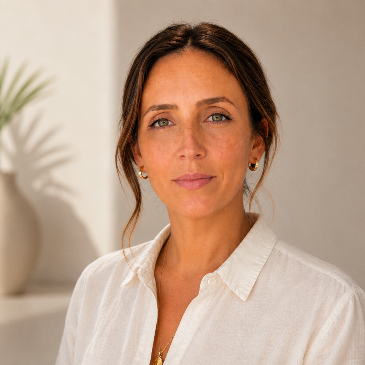 Close-up portrait of a woman with brown hair, green eyes, wearing a white blouse, gold hoop earrings, and jewelry, looking directly at the camera.