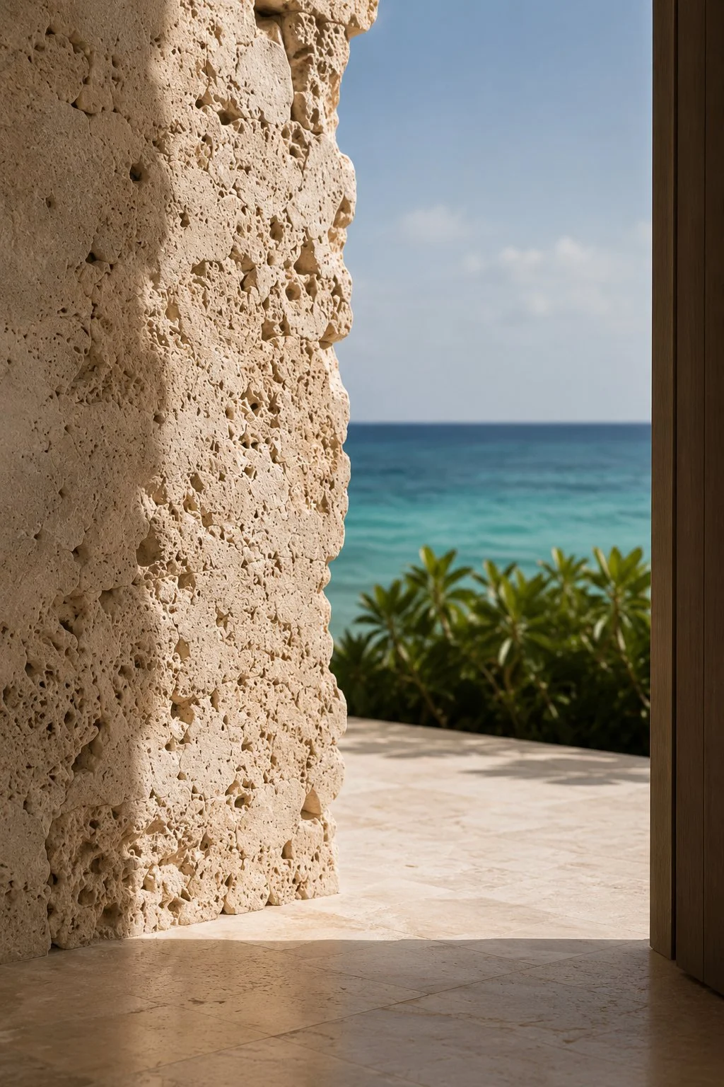 View of a beach with turquoise waters, green palm trees, and a clear blue sky seen through an opening, with a textured stone wall on the left and a wooden door frame on the right.