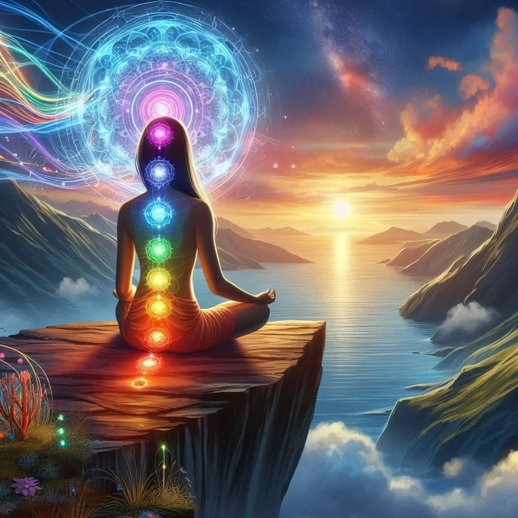 Une femme médite en position du lotus devant un paysage de montagne et un lac, avec des chakras lumineux alignés le long de sa colonne vertébrale et un cercle énergétique coloré au-dessus de sa tête, lors d'un coucher de soleil.