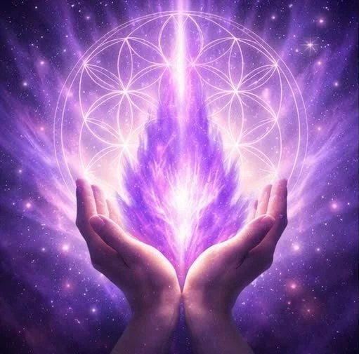 Mains ouvertes avec une énergie spirituelle violette émanant et un motif géométrique lumineux en arrière-plan.