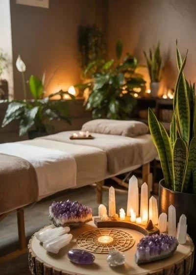 Une salle de relaxation avec un lit de massage, des plantes vertes, et un autel avec des cristaux et des bougies pour la méditation ou la relaxation.