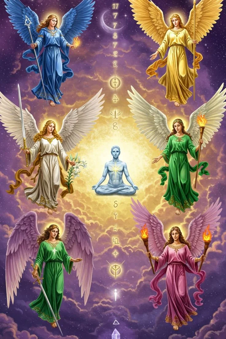Une illustration spirituelle avec plusieurs anges colorés encadrant un homme méditant au centre, tous flottant dans un ciel étoilé avec des symboles mystiques et un croissant de lune en arrière-plan.