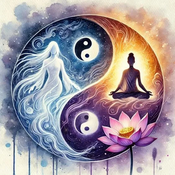 Une illustration représentant un symbole yin-yang avec une femme spirituelle à gauche et une personne méditant à droite, entourés de motifs de nuages et de feu, avec un lotus en bas.