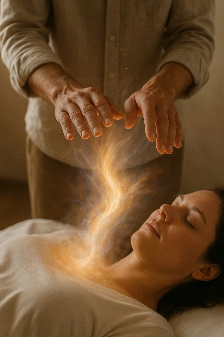 Une femme allongée repose avec une expression calme pendant qu'une personne, probablement un praticien, effectue une séance de guérison ou de soin avec des mains levées au-dessus d'elle, entourée d'une énergie visuelle lumineuse et éthérée.