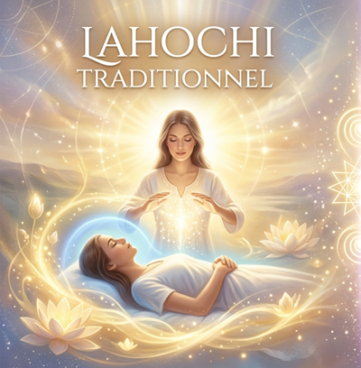 Une illustration spirituelle avec une femme allongée, entourée de lotus et d'effets lumineux, avec une autre femme rayonnante semblant la bénir ou la protéger.