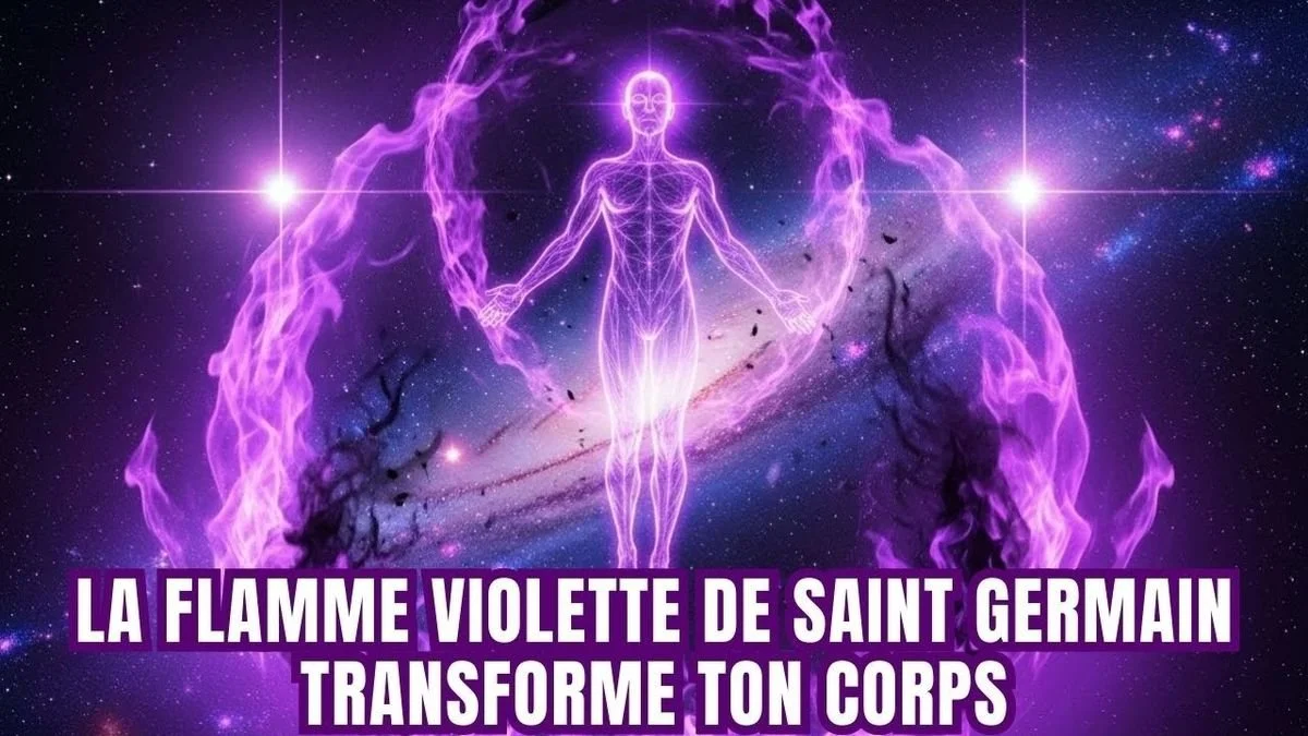Une représentation artistique d'une silhouette humaine entourée d'une flamme violette dans l'espace, avec un fond d'étoiles et de galaxies, et un texte en français."La flamme violette de Saint Germain transforme ton corps".