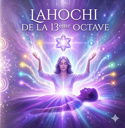 Couverture de livre avec une femme méditant, entourée de lumière et d'étoiles colorées, avec le texte 'Iahoçi de la 13ème octave'.