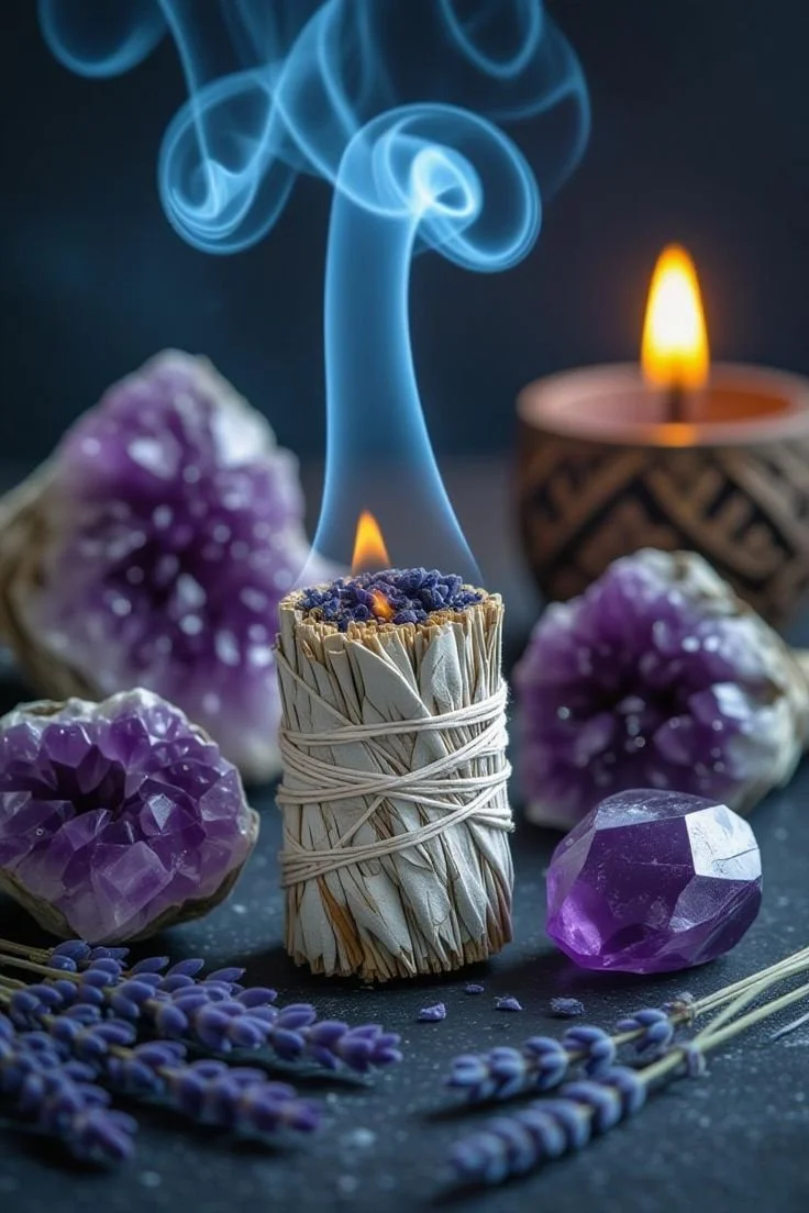 Un bâton d'encens en train de brûler, entouré de pierres violettes, de lavande, et une bougie allumée, dans une ambiance apaisante.