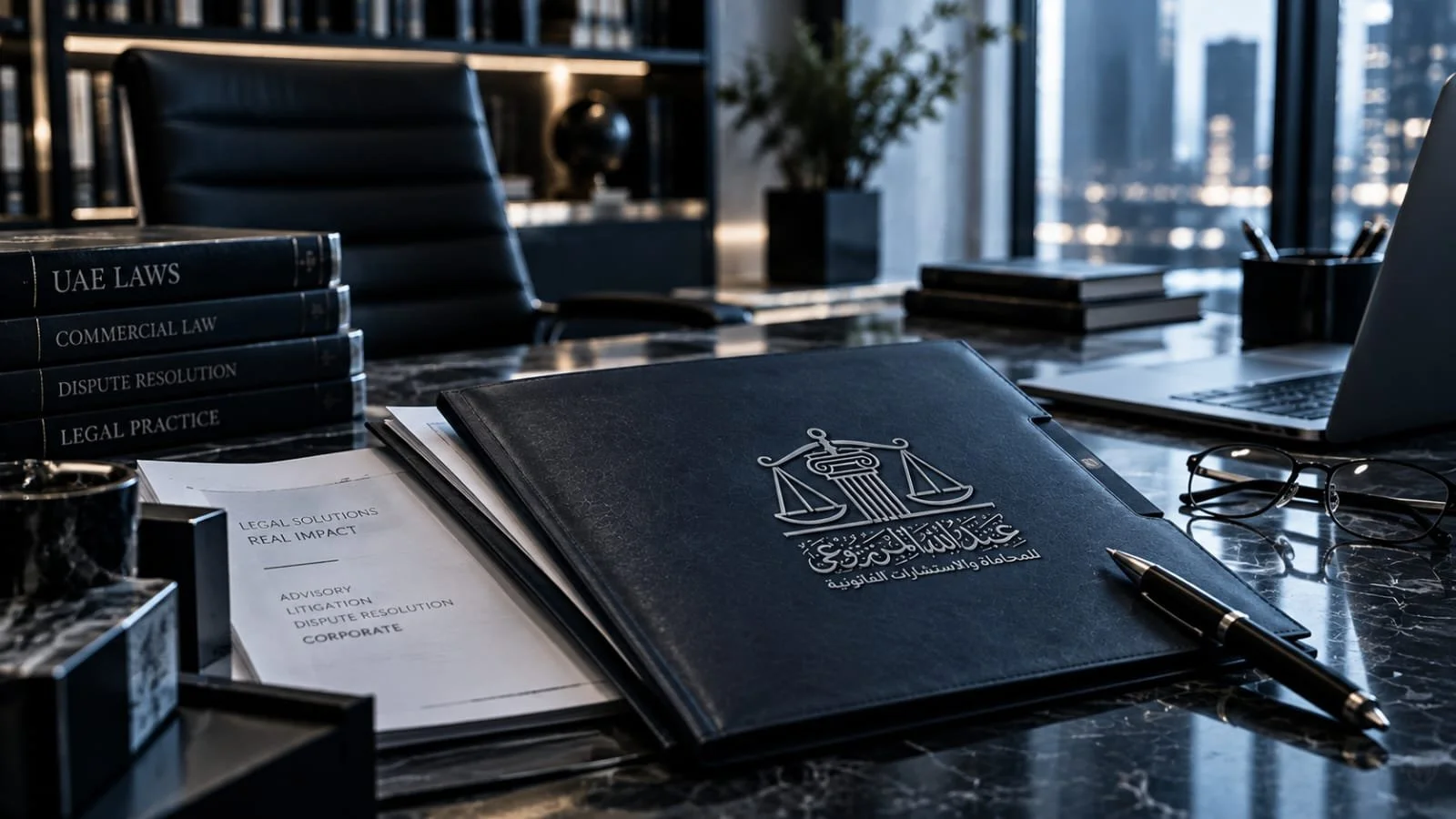 Legal documents and a laptop on a marble office desk, with books titled 'UAE Laws,' 'Commercial Law,' and 'Dispute Resolution' in the background, and eyeglasses and a pen in the foreground.