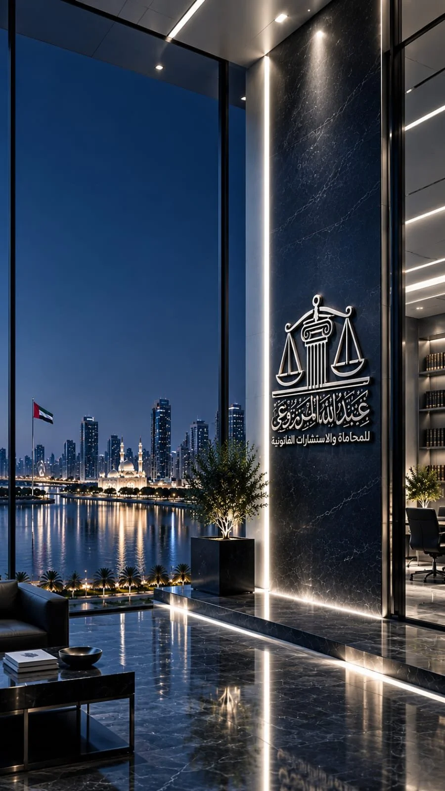 Modern office lobby with large window showcasing a city skyline at night, Arabic signage on the wall, and elegant black marble floors.