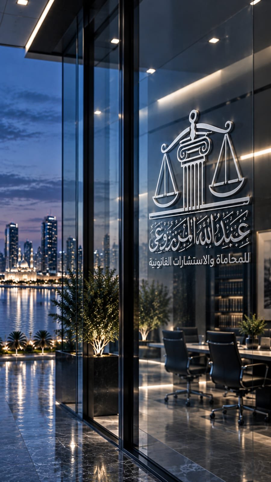 Modern law office with glass walls displaying a logo with scales of justice and Arabic text, city skyline at dusk visible outside.