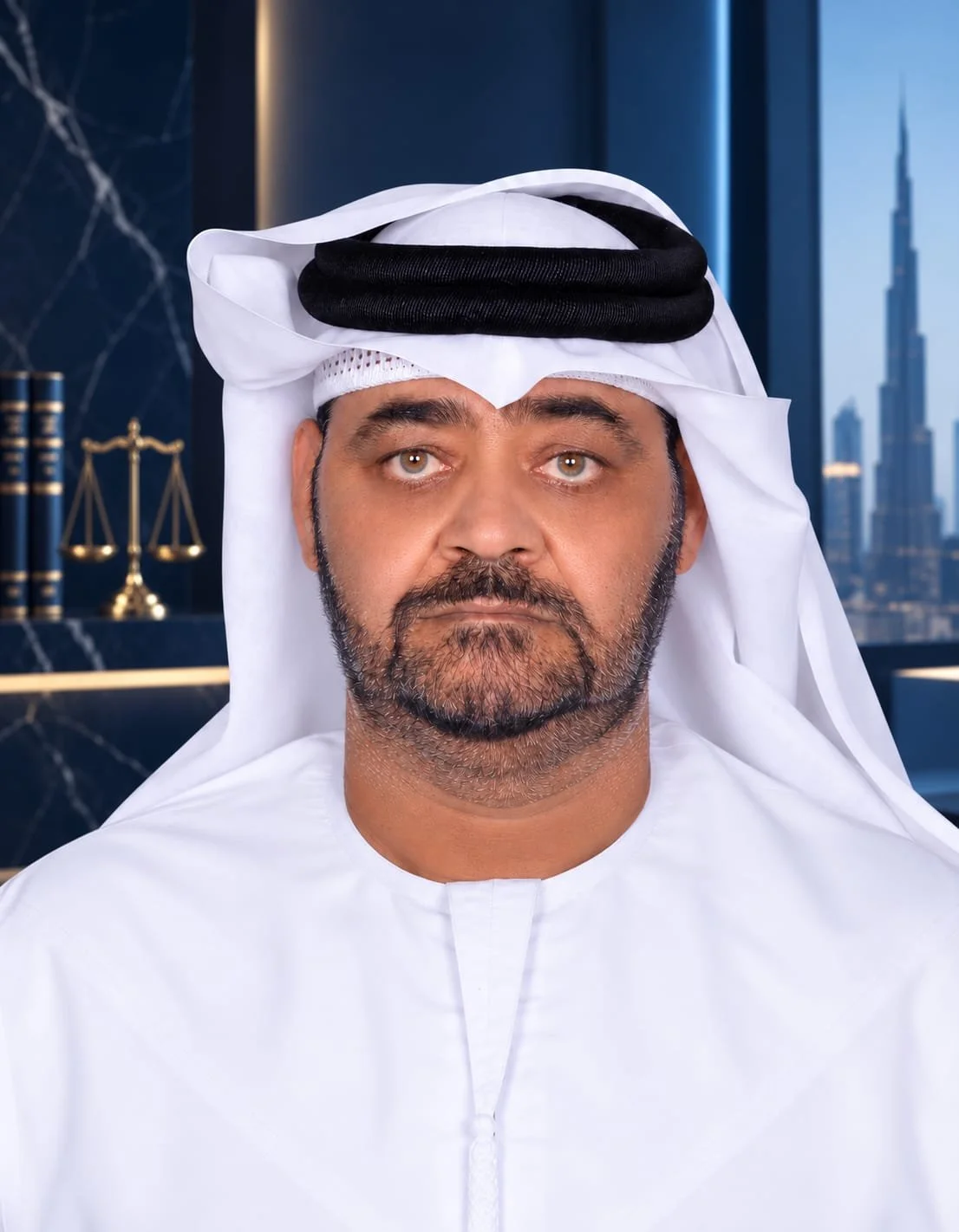 Middle Eastern man in traditional white attire and head covering, standing in an office with city skyline in the background.