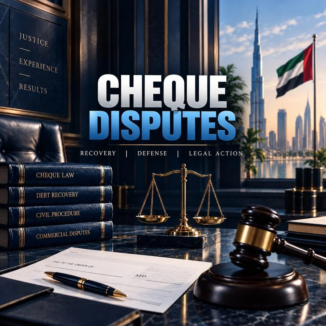 Legal office scene with stacked law books labeled "Cheque Law," "Debt Recovery," "Civil Procedure," "Commercial Disputes," a gavel, a balance scale, and legal documents on a desk with city skyscrapers outside the window.