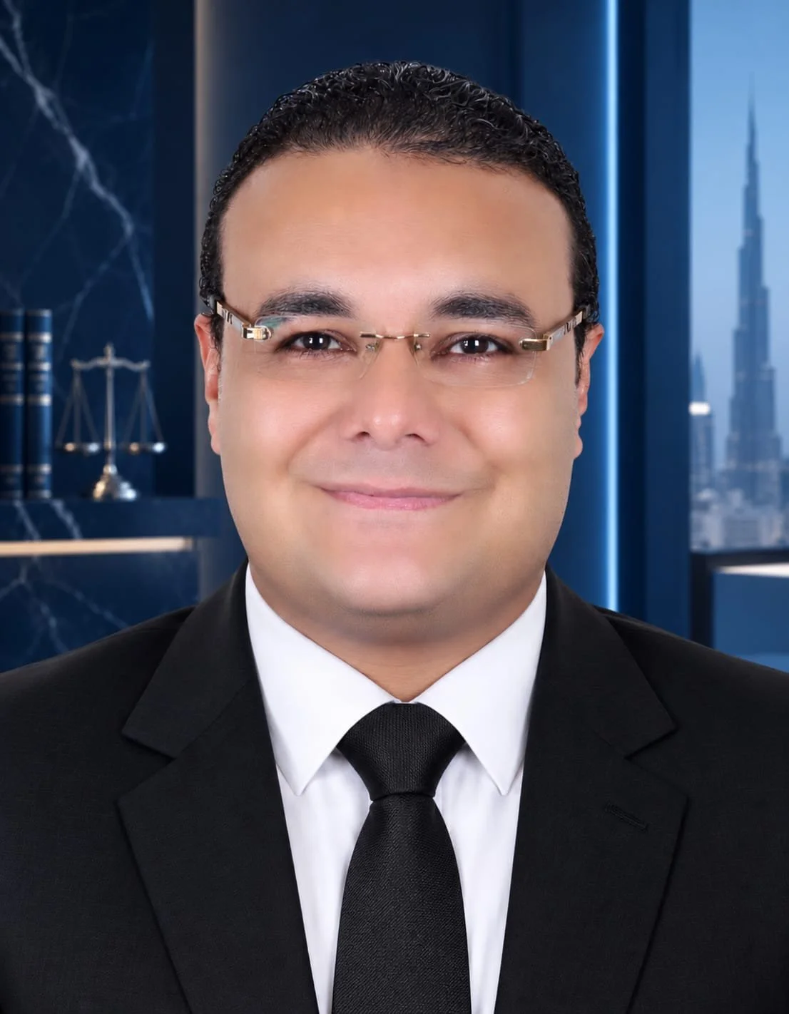 A man wearing glasses, a suit, white shirt, and black tie, smiling in a modern office or high-rise building with cityscape view in the background.