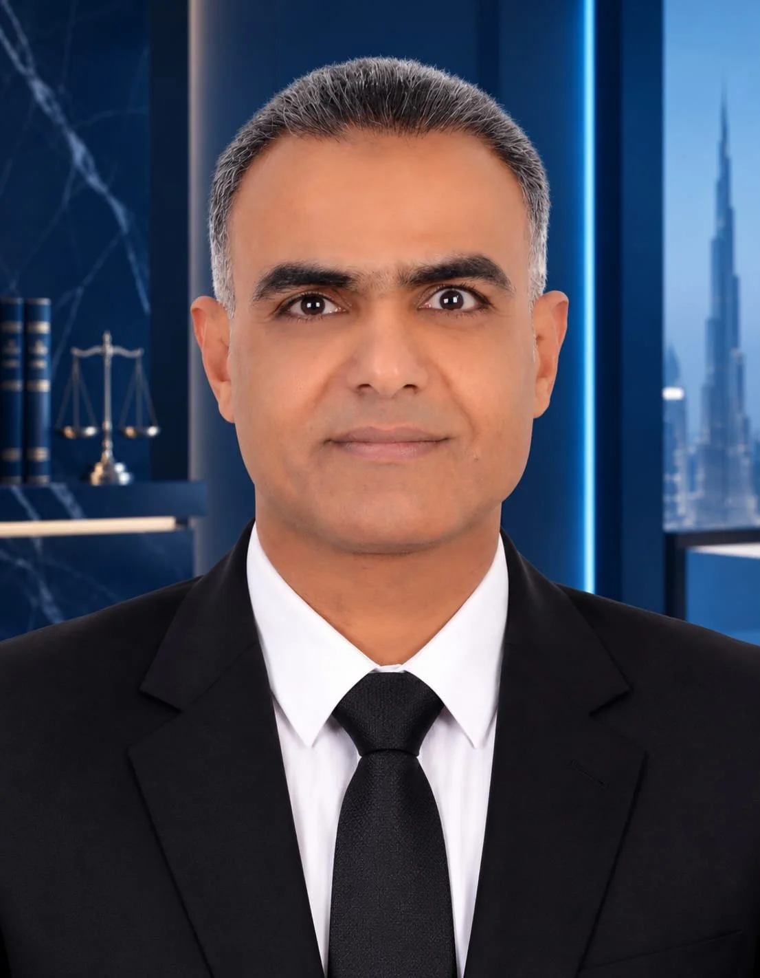 A man in a black suit, white shirt, and black tie with a cityscape background seen through a window.