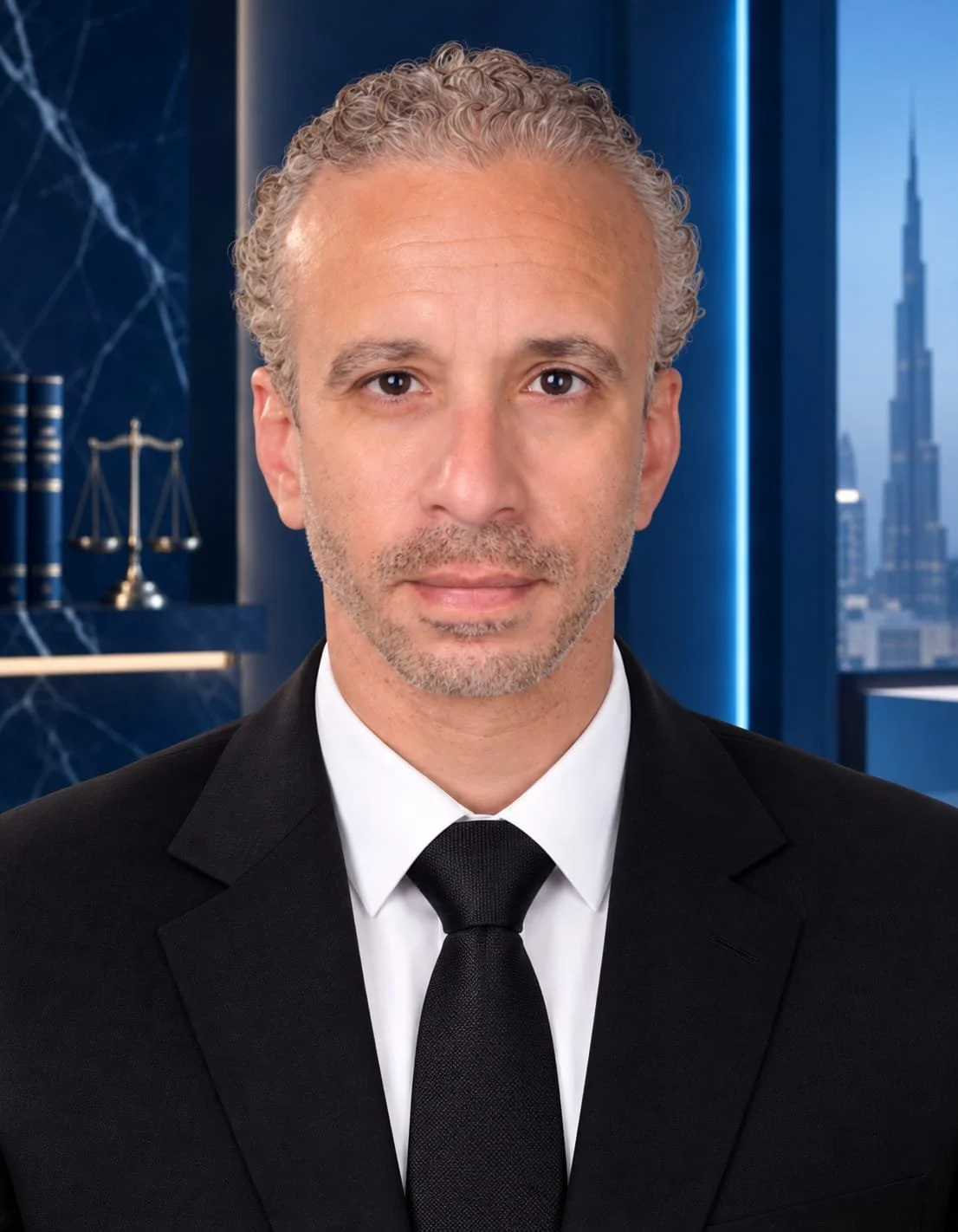 A well-dressed man with gray curly hair and a trimmed beard, wearing a black suit, white shirt, and black tie, in a modern office with a city skyline visible through large windows.