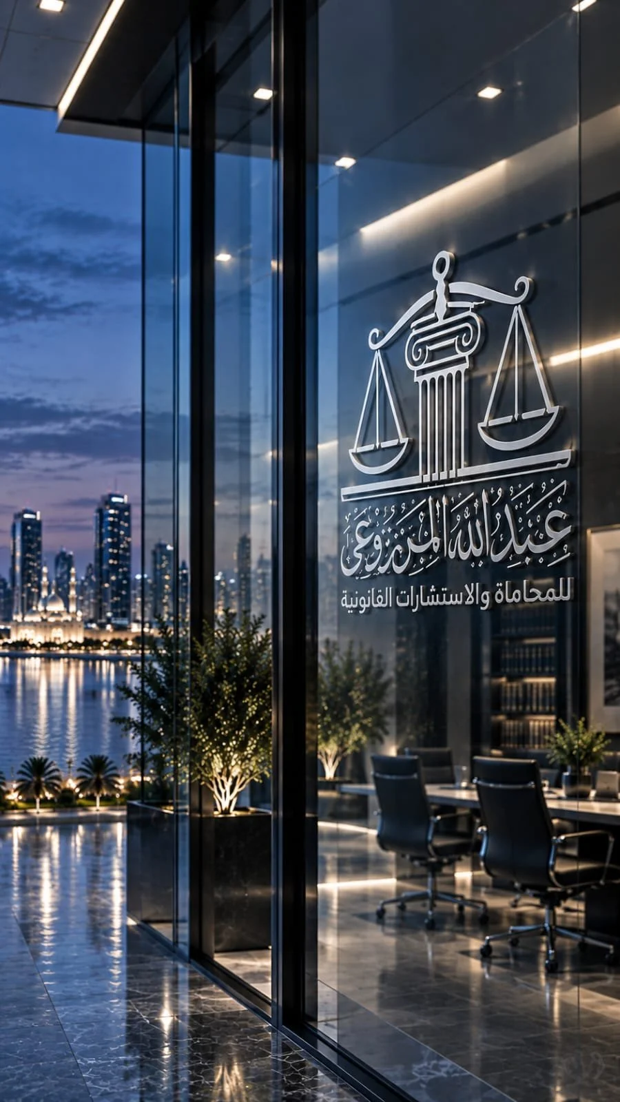 Modern law office with a city skyline view at dusk, glass walls, potted plants, and a logo with scales of justice and Arabic text.