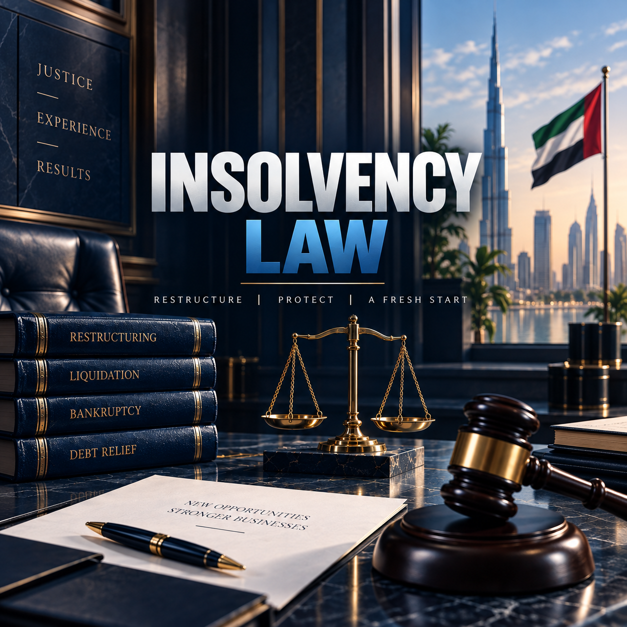 Office desk with legal books labeled restructuring, liquidation, bankruptcy, debt relief, a gavel, a set of scales, a paper titled 'New Opportunities Stronger Businesses,' a pen, and a document, with a city skyline and Dubai flag outside the window. The overlay text reads 'Insolvency Law' with words 'Justice, Experience, Results, Restructure, Protect, A Fresh Start'.